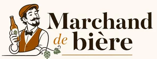 Logo Marchand de bière — illustration d’un brasseur artisanal tenant une bouteille de bière houblonnée